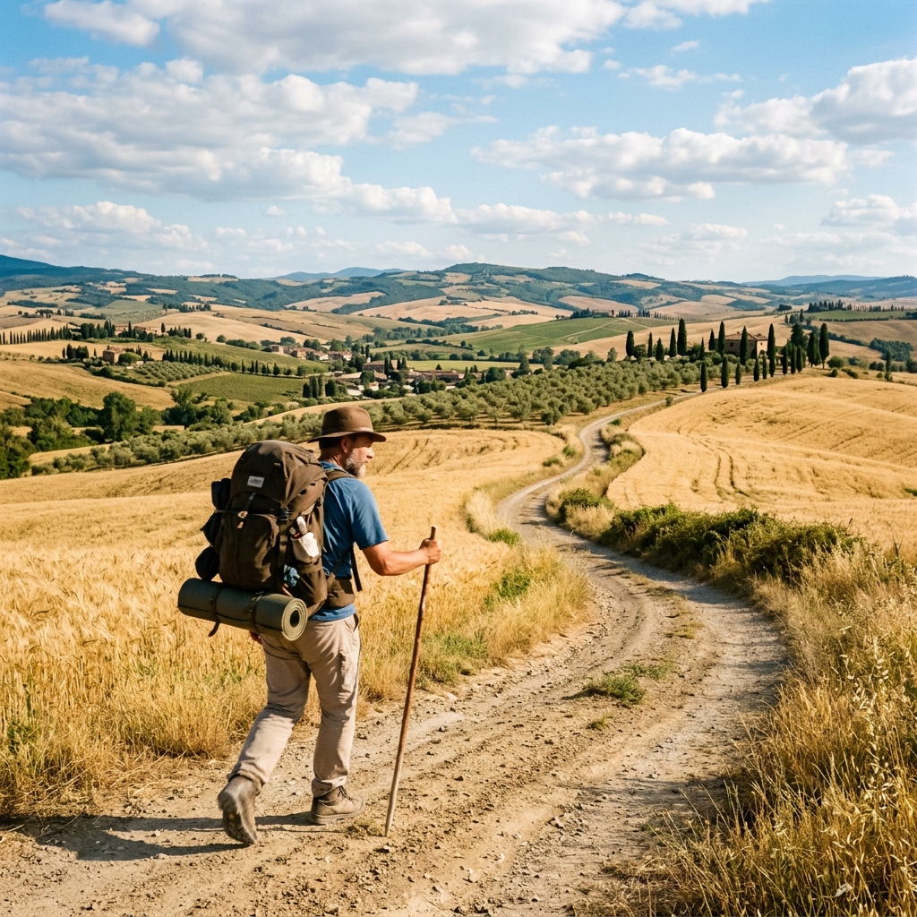 A pilgrim with a backpack and a walking staff walking along a dirt road winding through the golden hills and cypress trees of Tuscany