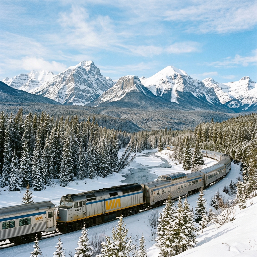 A passenger train crossing a wooden trestle bridge through forested mountains in Canada