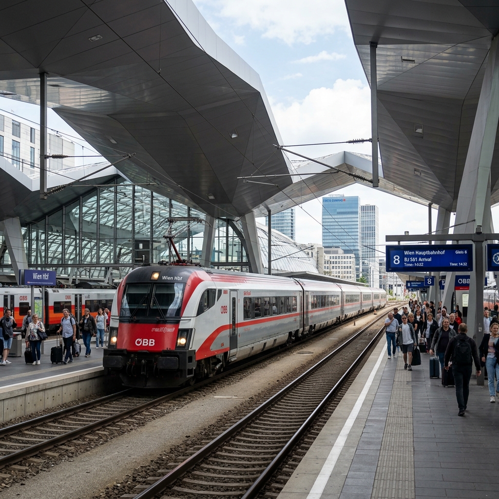 A modern passenger train arriving at the sleek, contemporary Vienna Central Station (Hauptbahnhof) in Austria