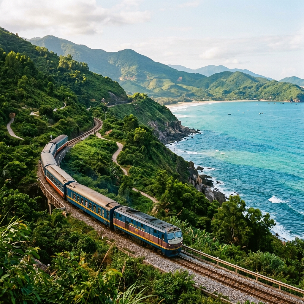 The blue and yellow Reunification Express train winding along the lush green hills of the Hai Van Pass overlooking the turquoise sea in Vietnam