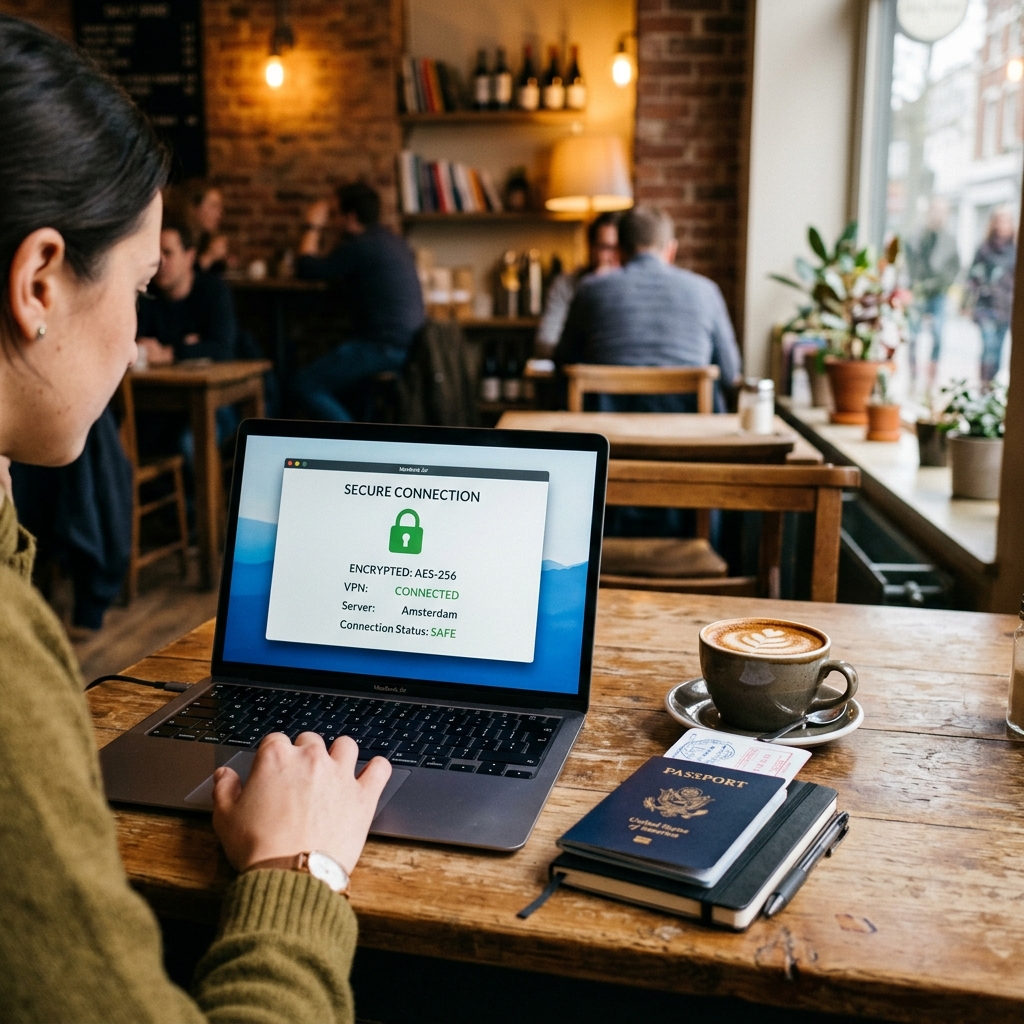 A laptop open at a café table showing a secure connection symbol on screen