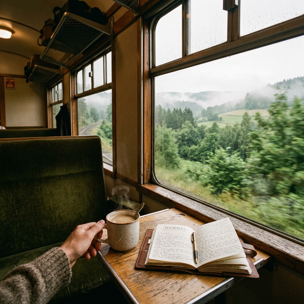A cozy passenger compartment on a train, looking through a large window at a misty green landscape, with a cup of coffee and a travel journal on the table