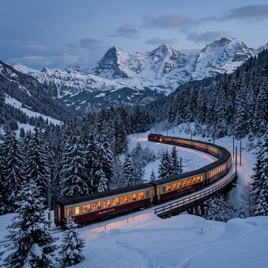 A train travelling through a snow-covered European winter field