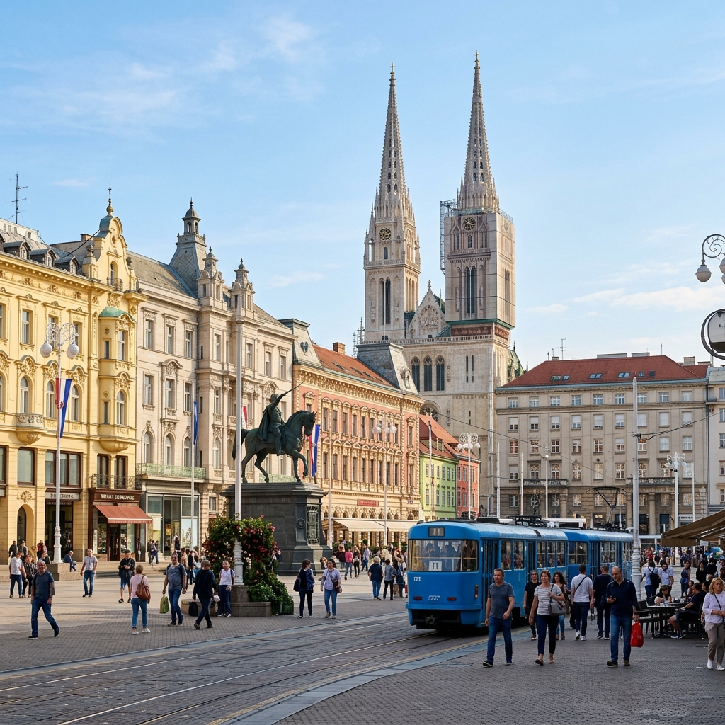 Zagreb's Ban Jelačić Square with the Cathedral towers visible in the background on a sunny morning
